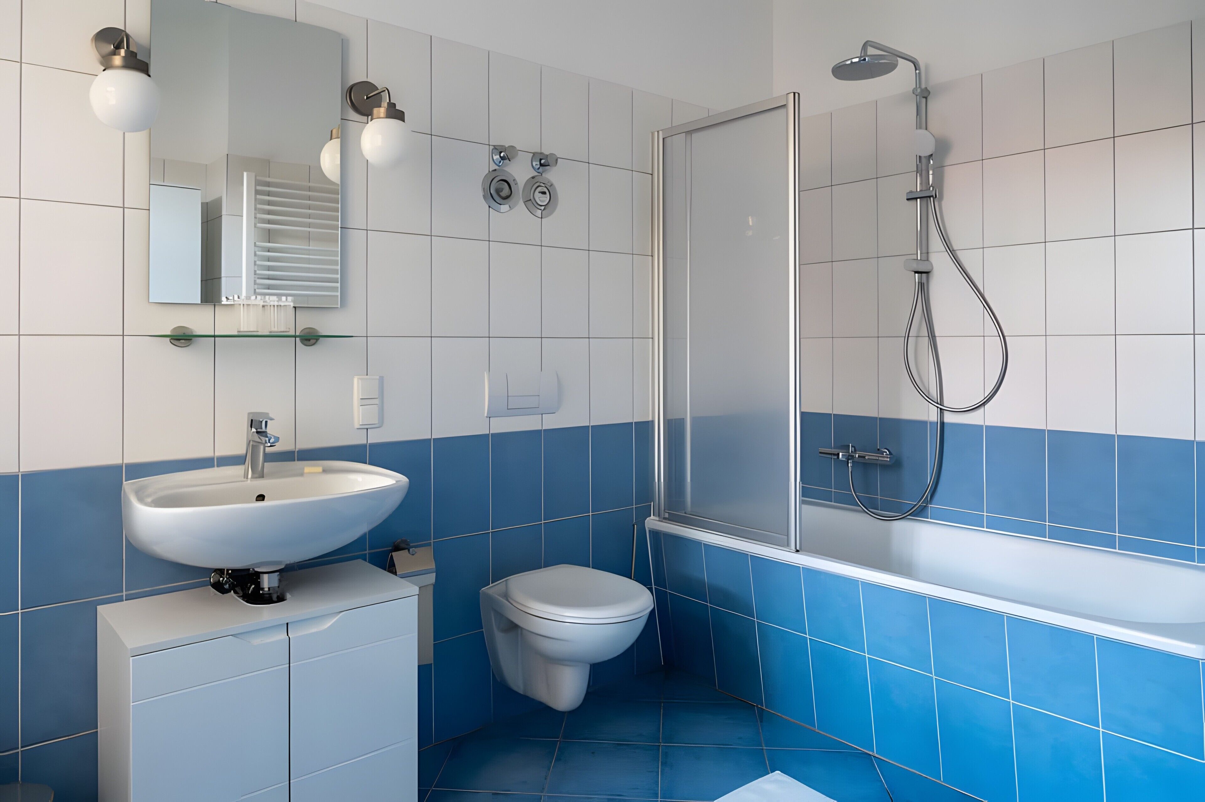 A bathroom with a white sink, a toilet, a shower, and a mirror.