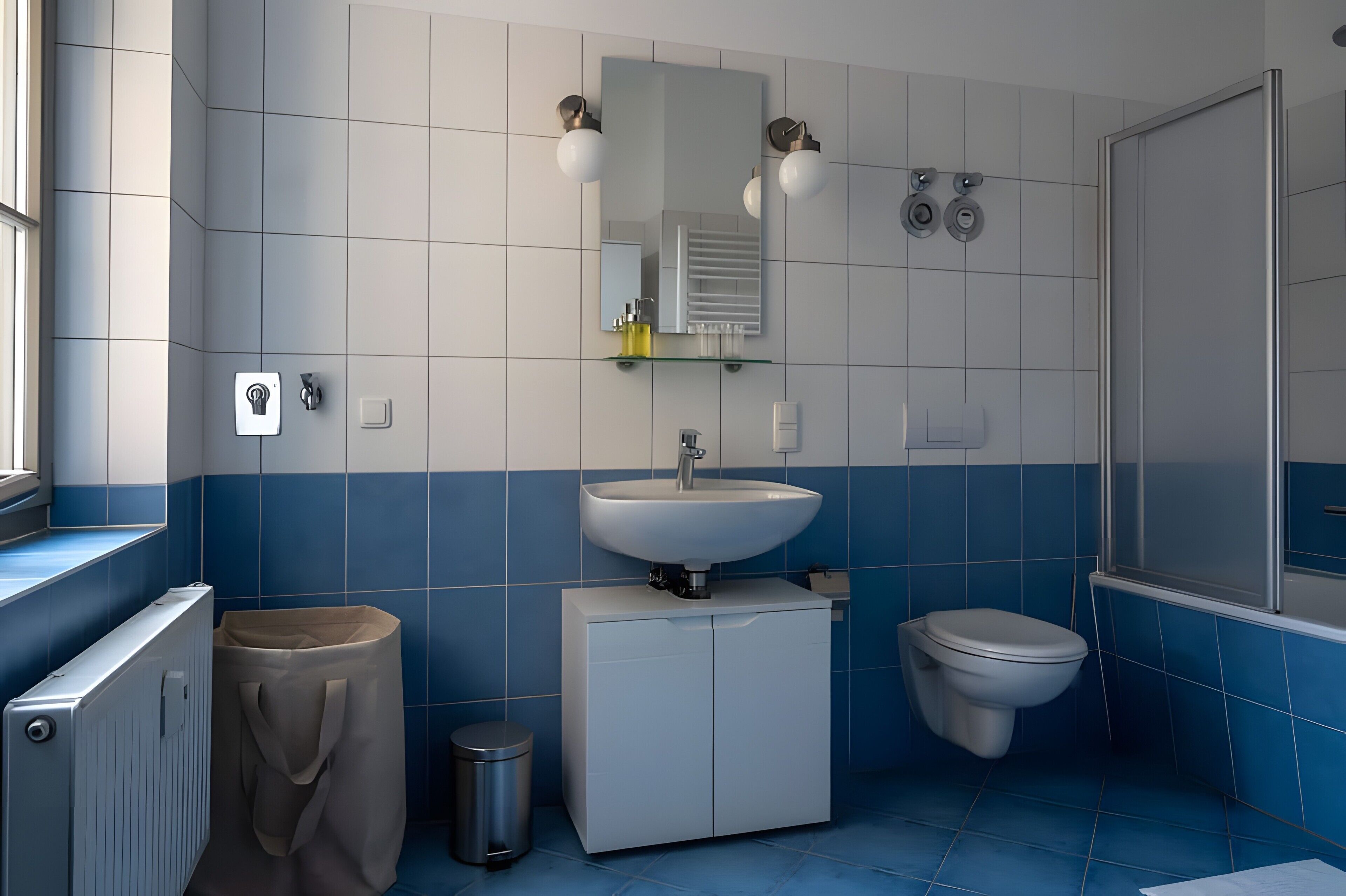 Un baño con un lavamanos blanco, un inodoro, un espejo y una ducha.