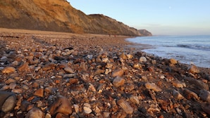 A rocky beach with a cliff in the background. - Cherry Pip (Bridport)