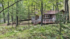 A cabin surrounded by dense forest with a wooden deck and stairs leading to the entrance.