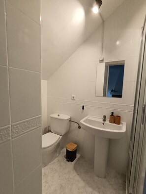 A small, modern bathroom with a toilet, sink, and mirror. - Charming cottage in a quiet environment (Nerja)