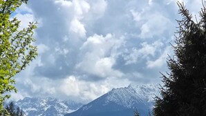 Eine Berglandschaft mit schneebedeckten Gipfeln, dichtem Wald und einem kleinen Gebäude mit Schrägdach.