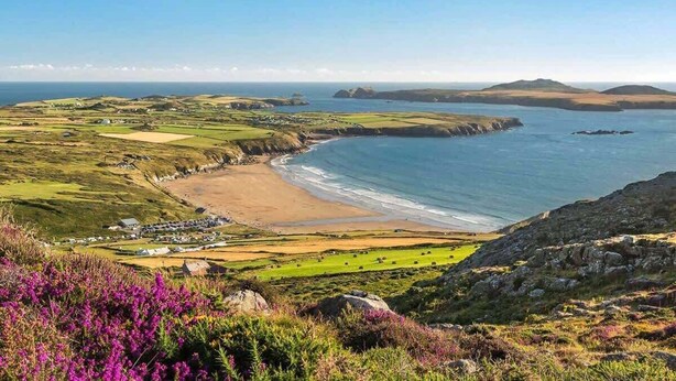 A coastal landscape with a beach, rolling hills, and a small settlement.
