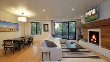 Smart TV, fireplace, books