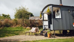 Una cabaña pequeña y rústica con chimenea, un porche cubierto y un jardín con una silla y plantas en macetas.