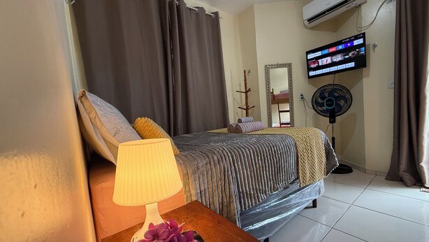 Une chambre d’hôtel avec un lit, une table de chevet avec une lampe et des fleurs, un téléviseur fixé au mur et un climatiseur.