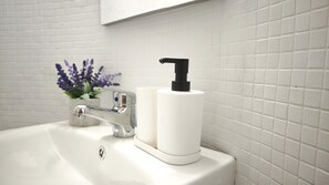 Hair dryer, towels, soap, toilet paper