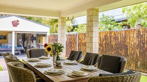 Outdoor dining - Salt and Serenity - Lux Home With Heated Pool (Anna Bay)