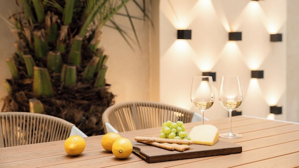 Uma mesa de jantar com tampo de madeira, um prato de queijo, uvas, biscoitos e duas taças de vinho branco. Cadeiras circundam a mesa e há uma planta em vaso ao fundo.