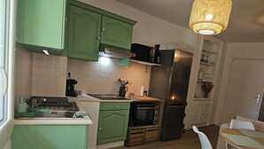 A compact kitchen with green cabinets, a microwave, a toaster, and a refrigerator. - 54m² cocooning apartment in the center of St Cannat (Saint-Cannat)