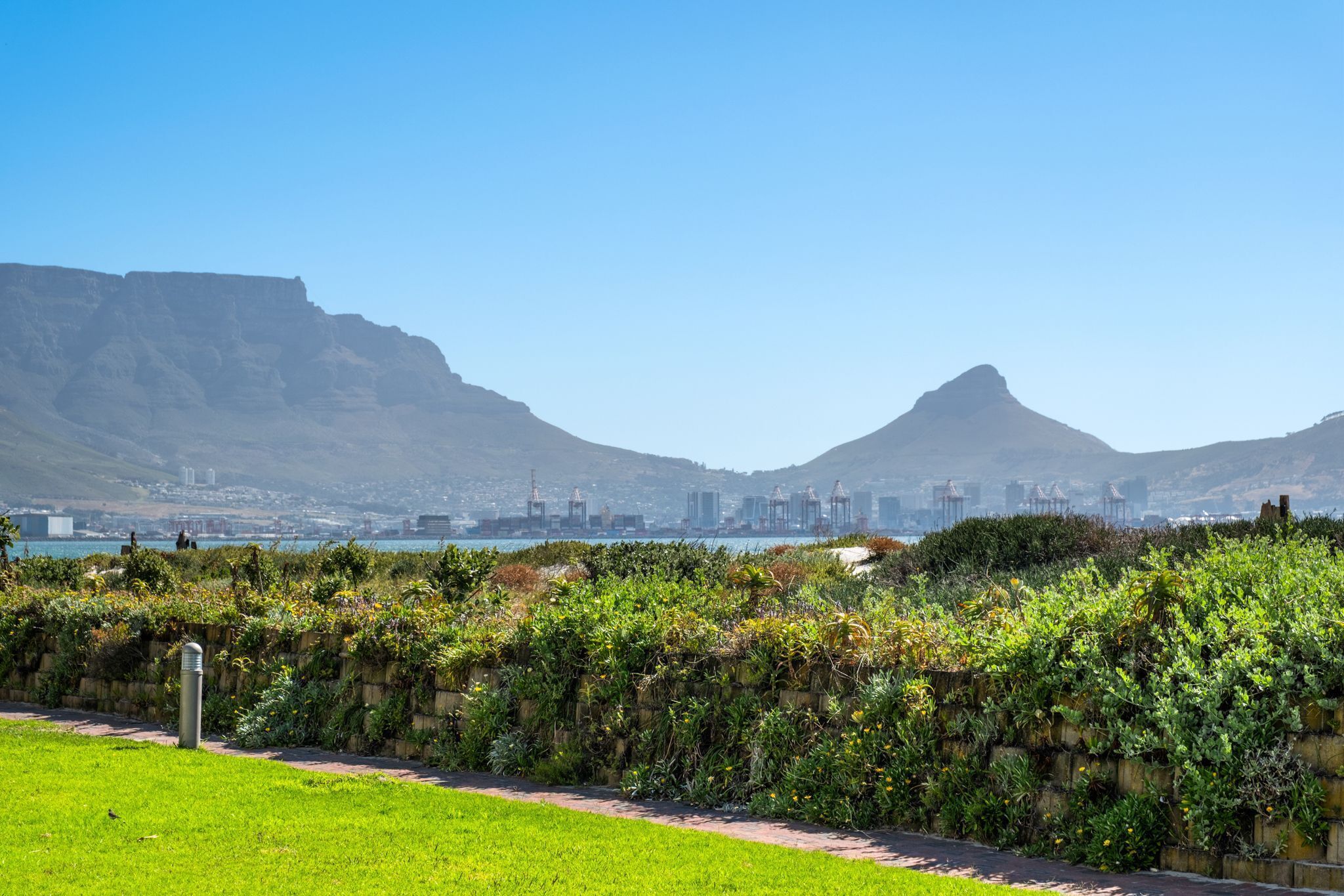A cityscape with mountains in the background and a view of the city from a park area.