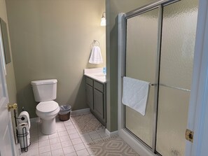 Shower, hair dryer, bidet, towels