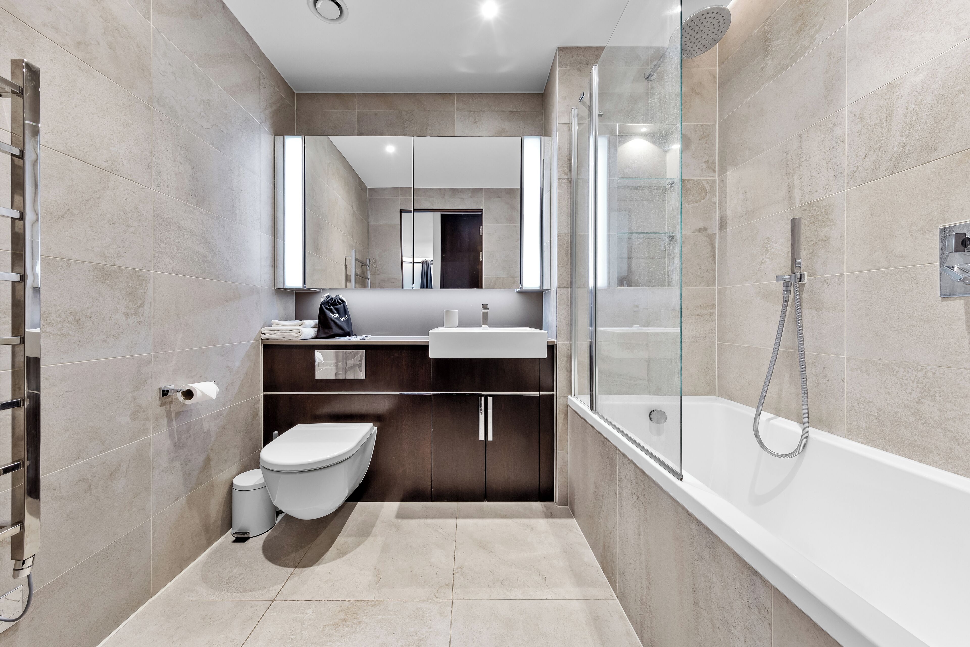 Hair dryer, towels, soap, toilet paper