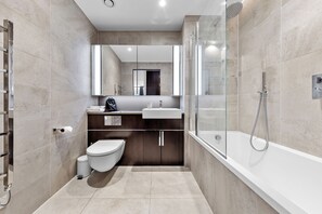 Hair dryer, towels, soap, toilet paper