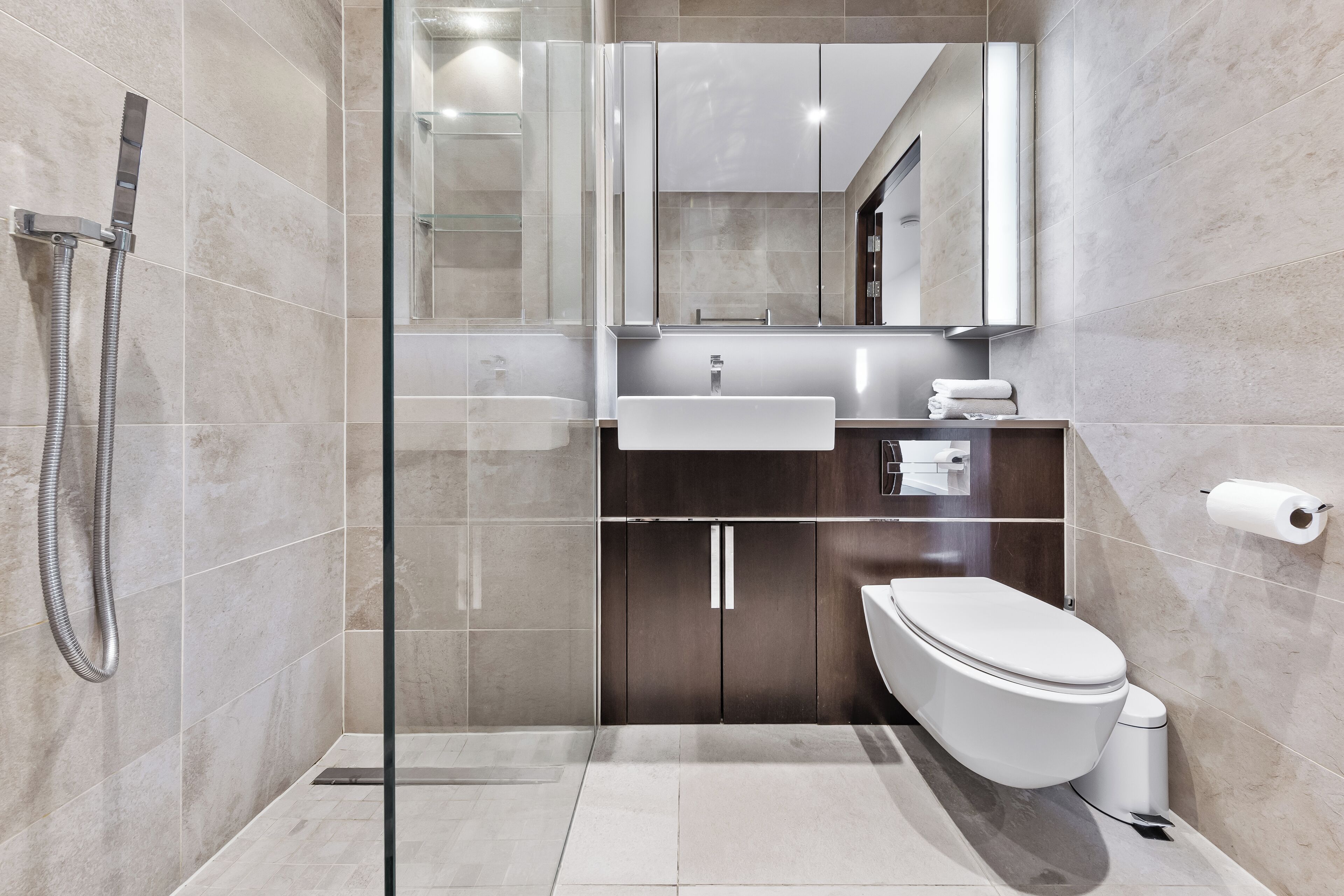 Hair dryer, towels, soap, toilet paper