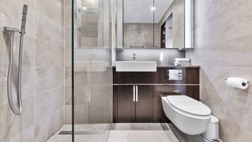 Hair dryer, towels, soap, toilet paper