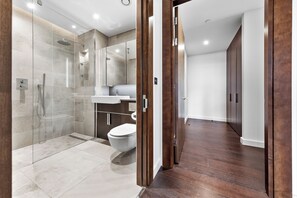 Hair dryer, towels, soap, toilet paper