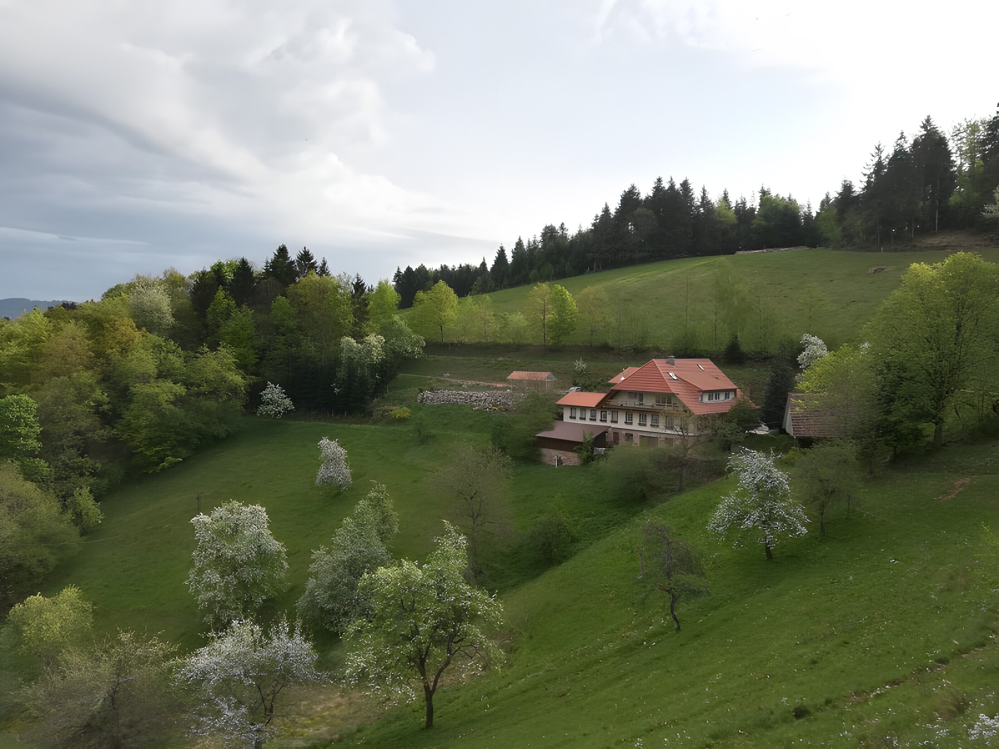 A house with a red roof, surrounded by green fields and trees.