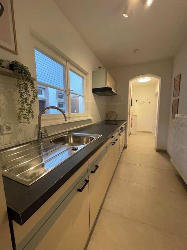 Fridge, oven, stovetop, coffee/tea maker