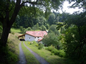 A house with a red roof, surrounded by lush greenery and a gravel path leading to it. - Langenberghof Holiday Apartment – Nature Retreat for You and Your Dog (Oberharmersbach)