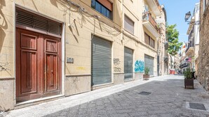 A narrow street with closed shop shutters, a large wooden door, and a small potted plant. - Casa 73 by Wonderful Italy (Palermo)
