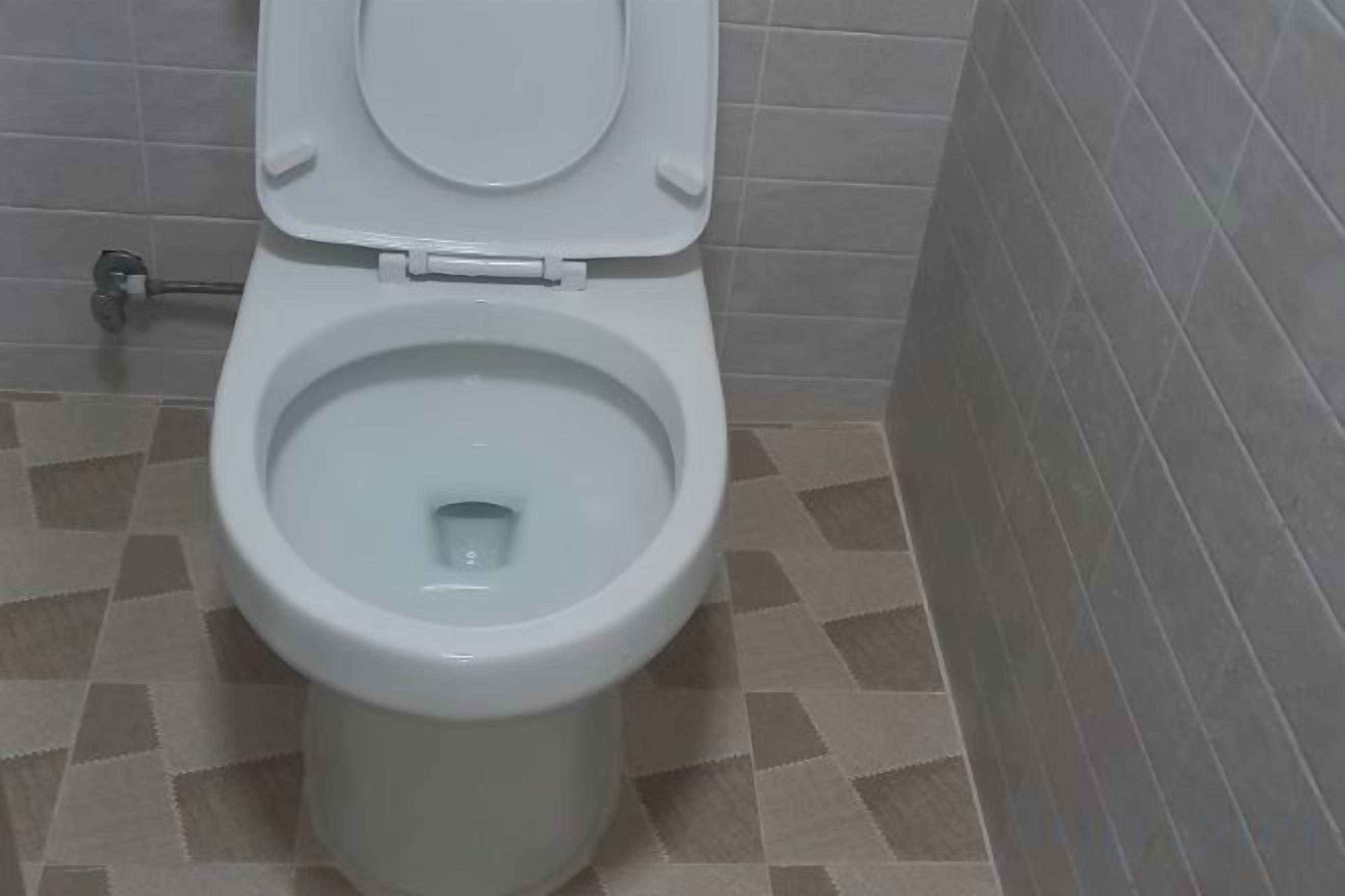 A toilet with a closed lid in a bathroom with patterned tiles.