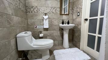 Shower, hair dryer, towels, soap