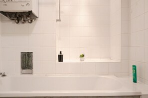 Hair dryer, towels, soap, shampoo