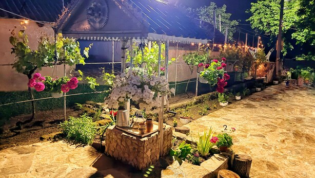 A garden with potted plants, a stone bench, and a traditional structure. - Pensiunea Casa Veche Butuceni Orheiul vechi. (Butuceni)