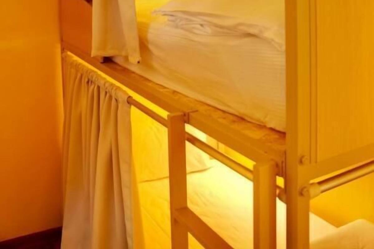 Una cama litera con cortina, una lámpara de noche y un estante fijado a la pared.