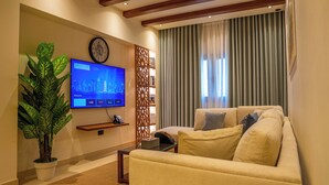 Una sala de estar con televisor de pantalla plana, una planta en maceta, un sofá y un separador decorativo.