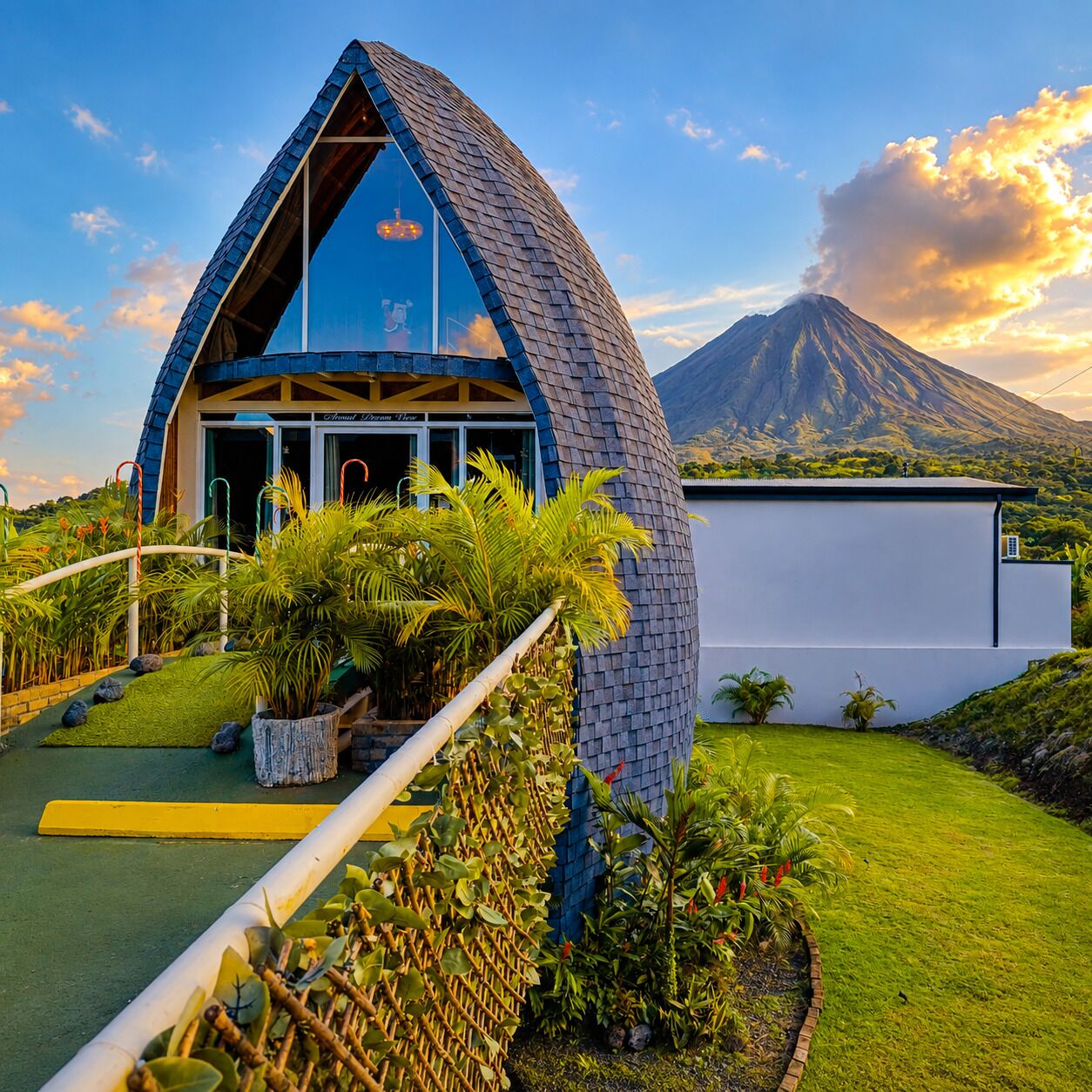 Une maison moderne dotée d’un toit incurvé original, entourée d’une végétation luxuriante et avec une montagne en toile de fond.
