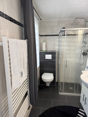 A modern bathroom with a glass shower enclosure, a white toilet, and a towel rack with a towel.