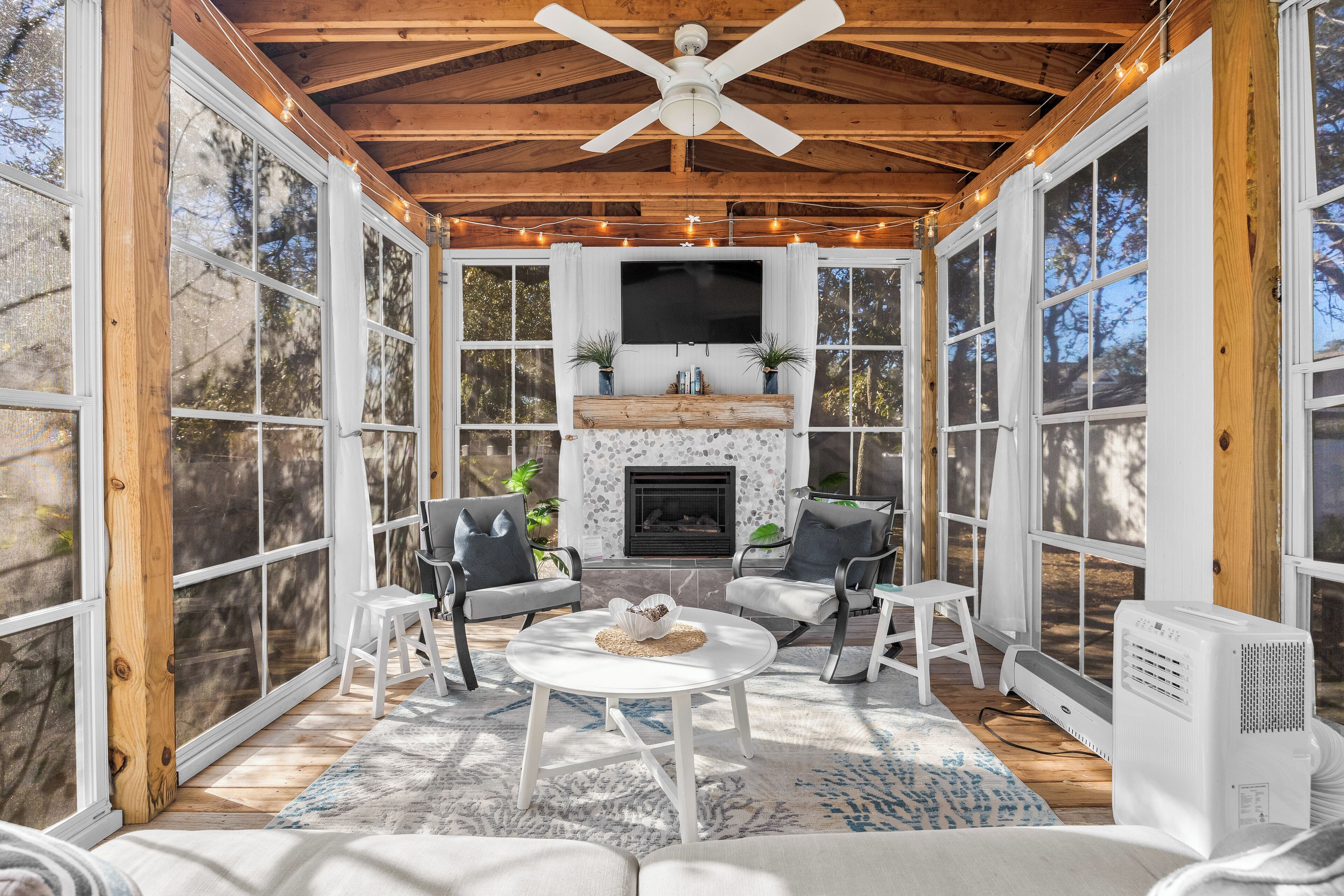 Smart TV, fireplace, books