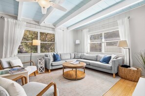 Smart TV, fireplace, books