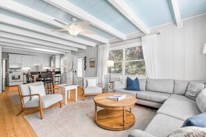 Smart TV, fireplace, books