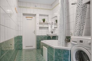 Hair dryer, towels, soap, shampoo