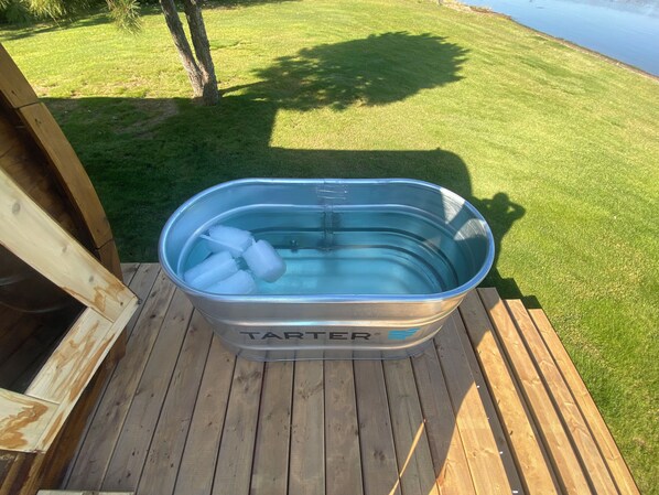 Un recipiente de la marca TARTER con cubitos de hielo sobre una cubierta de madera.