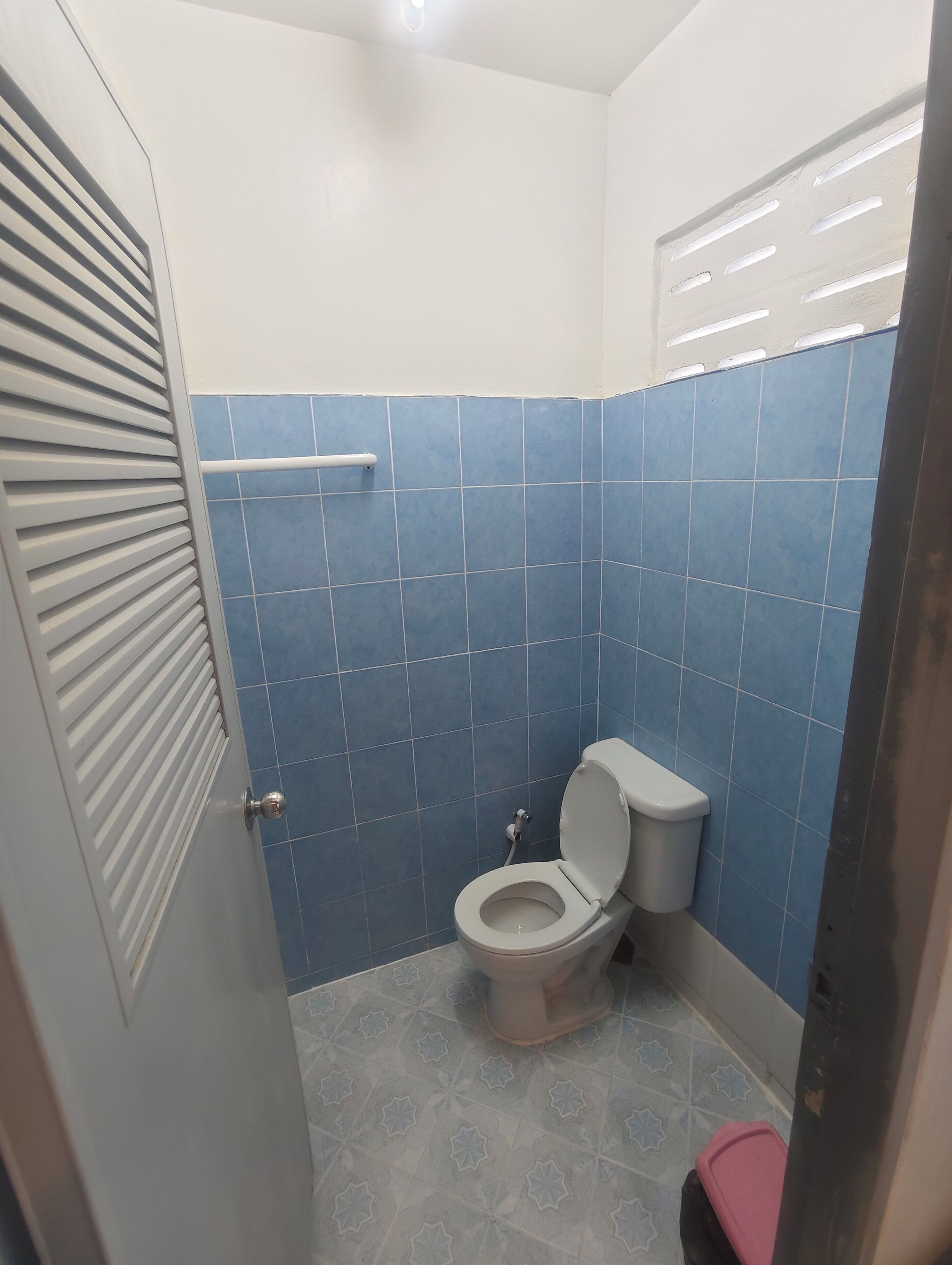 A small bathroom with a toilet, a handrail, and a door with a handle.