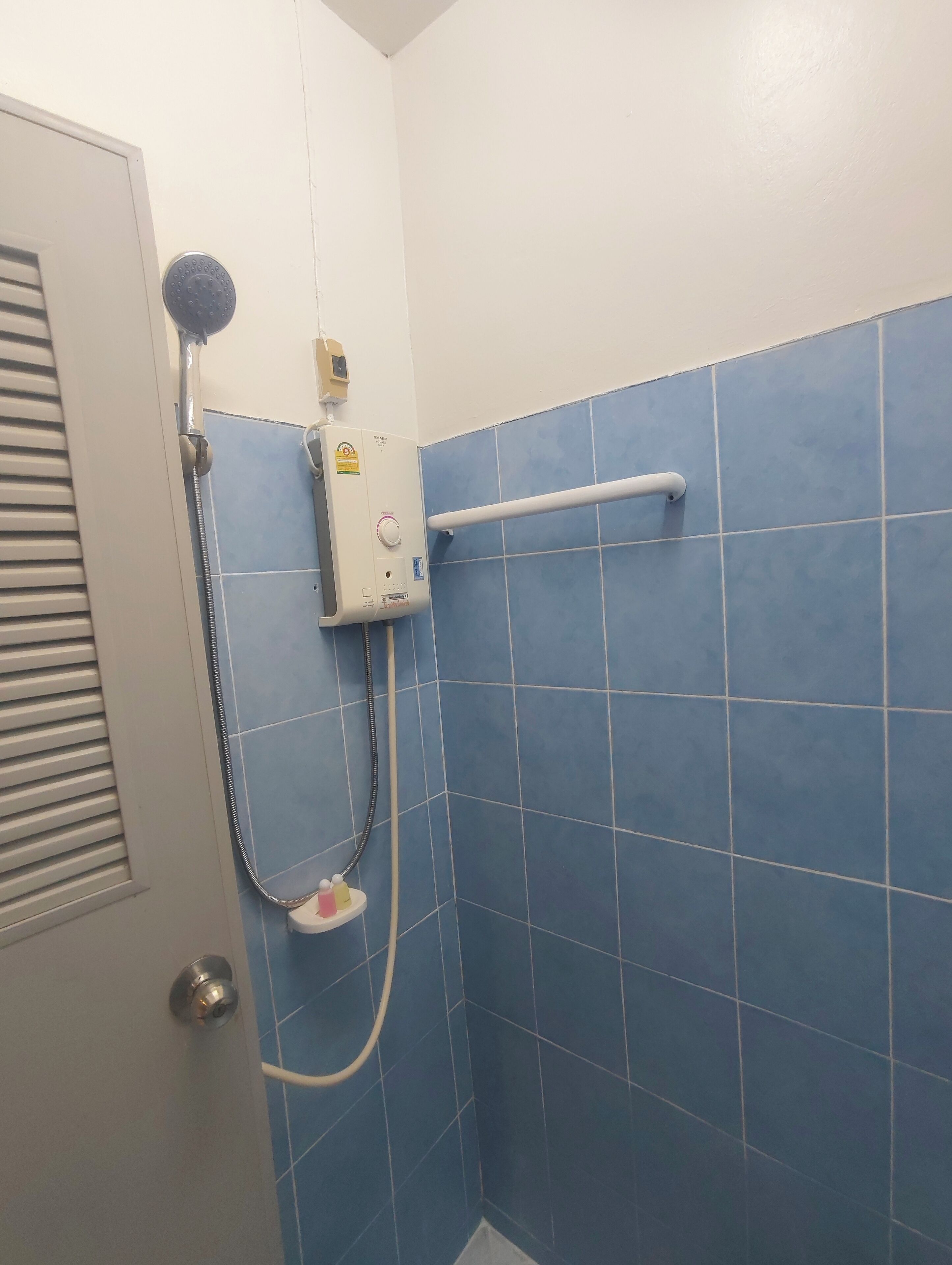 A bathroom with a shower, blue tiles, a white door, and a handrail.