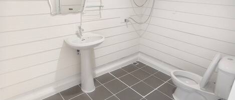 Une salle de bain avec un lavabo blanc, des toilettes et une douche.