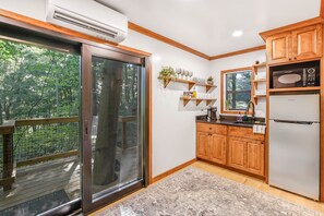 Fridge, microwave, toaster, cookware/dishes/utensils