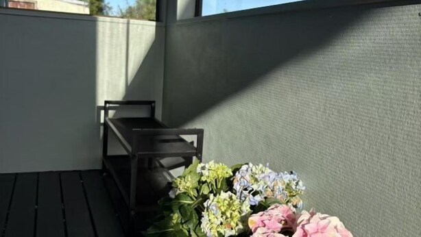 A balcony with a wooden bench and a potted plant with flowers. - The Nest on Till (Oamaru)