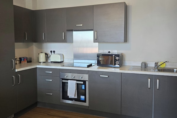 Frigorífico, microondas, horno y placa de cocina
