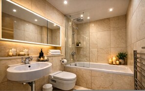 Shower, hair dryer, towels