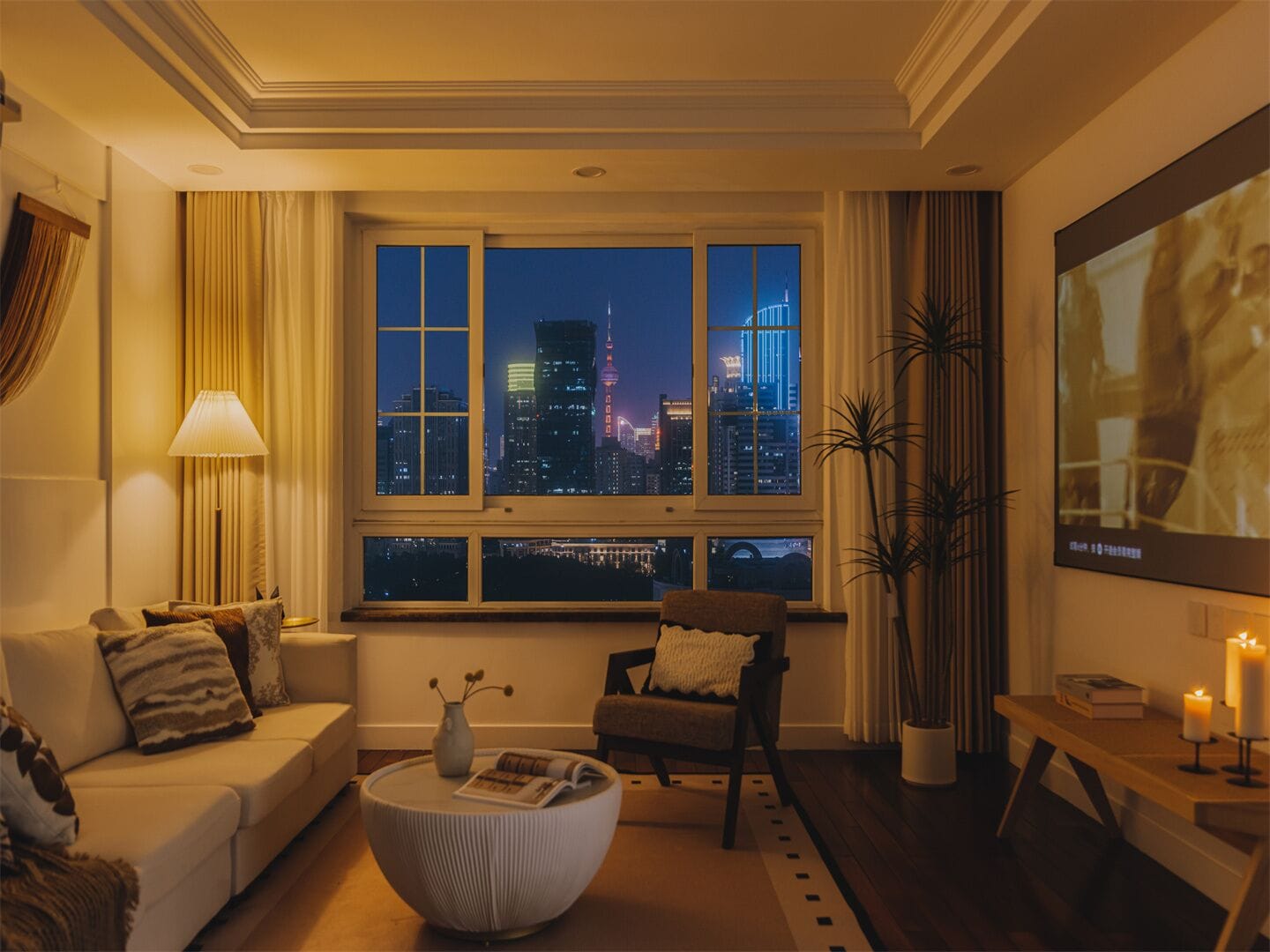 Senior Apartment, 4 Bedrooms, Bathtub, City View | Living room | TV