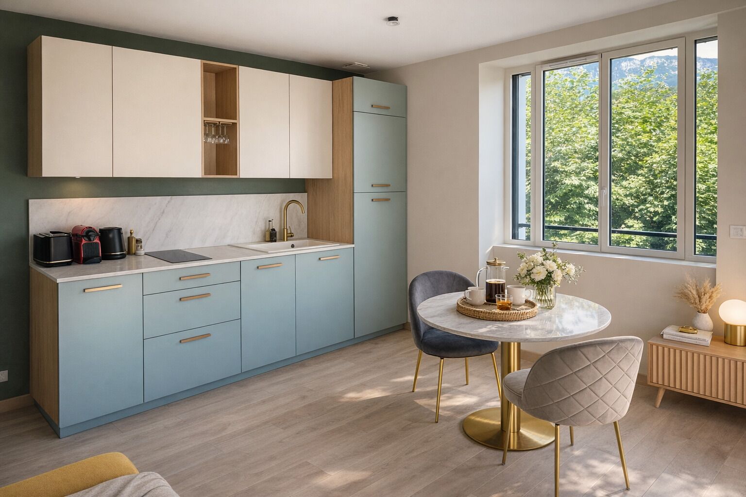 Fridge, microwave, dishwasher, coffee/tea maker