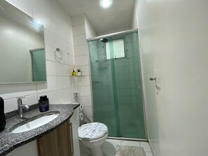 Hair dryer, towels, soap, toilet paper