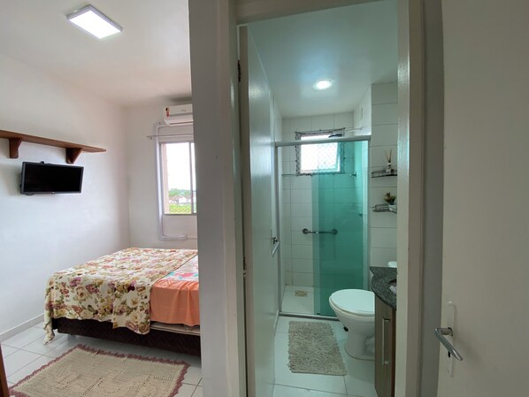 Hair dryer, towels, soap, toilet paper