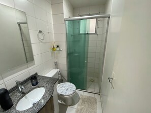 Hair dryer, towels, soap, toilet paper